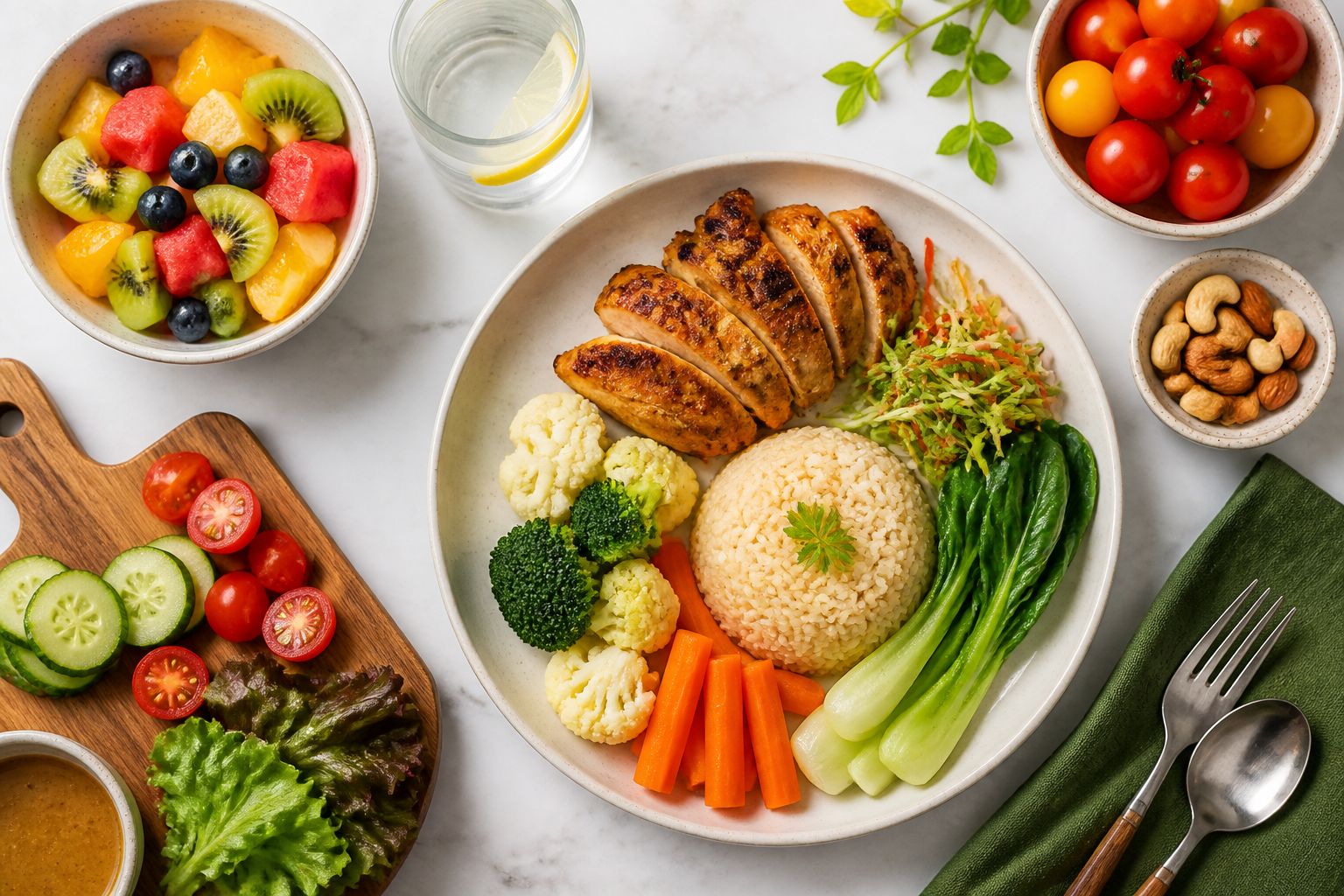 Balanced healthy meal with protein, vegetables and rice